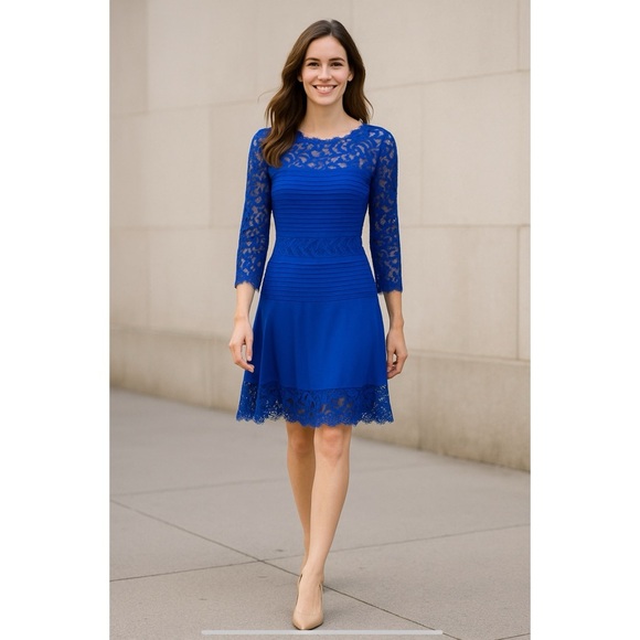 TADASHI SHOJI DRESS S BLOUSON FITTED LACE WEDDING MOTHER OF BRIDE GROOM  ELEGANT - Picture 1 of 12